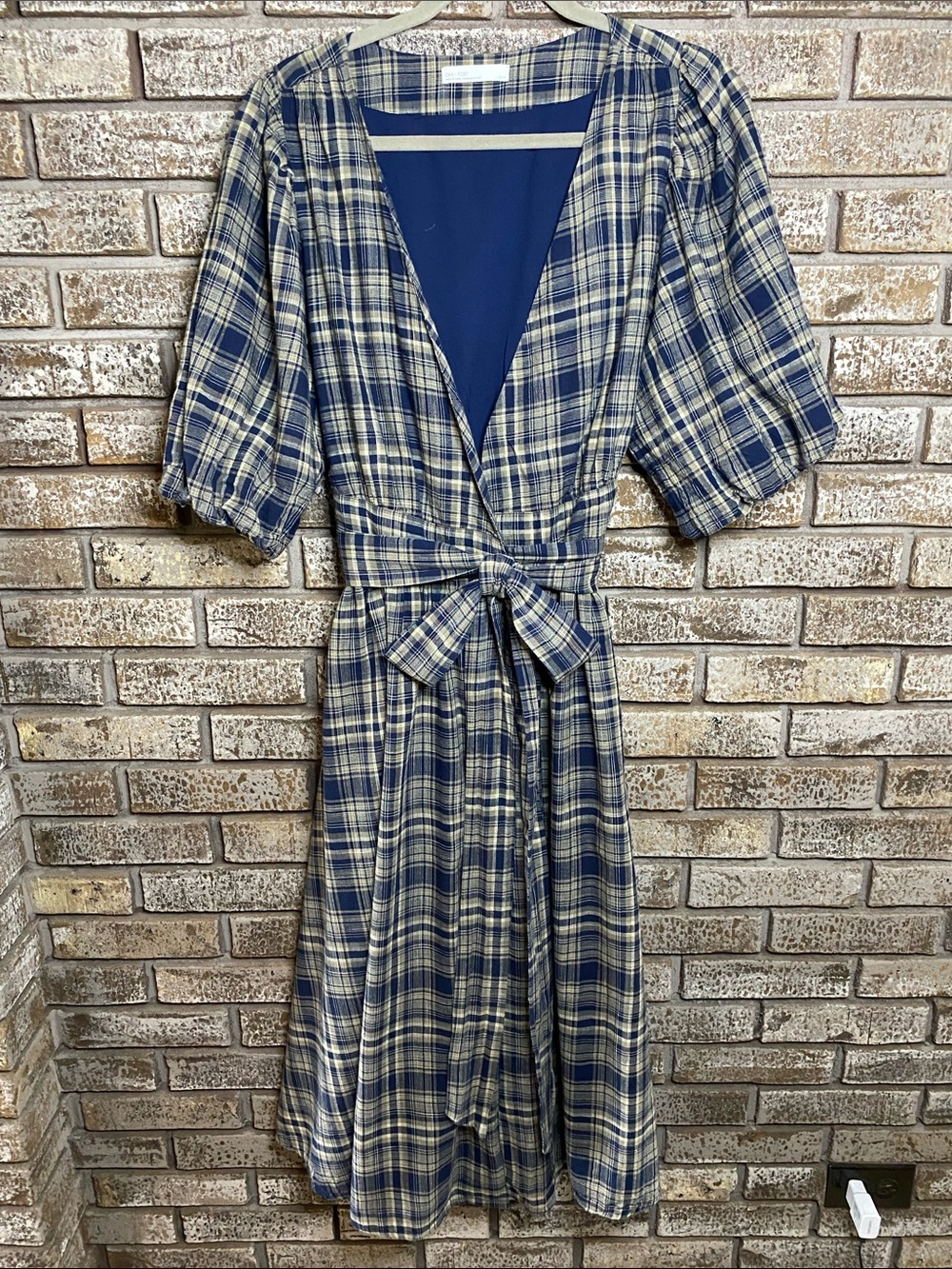 OAK + FORT Boho Blue & Taupe Plaid Midi Wrap Tie Dress in  100% Cotton Gauze